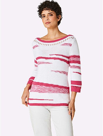 Pull en coton rayé col en U et manches trois quarts - Taille standard - Helline