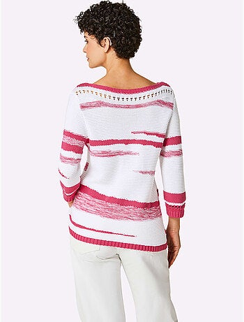 Pull en coton rayé col en U et manches trois quarts - Taille standard - Helline