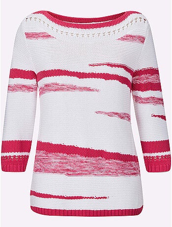 Pull en coton rayé col en U et manches trois quarts - Taille standard - Helline