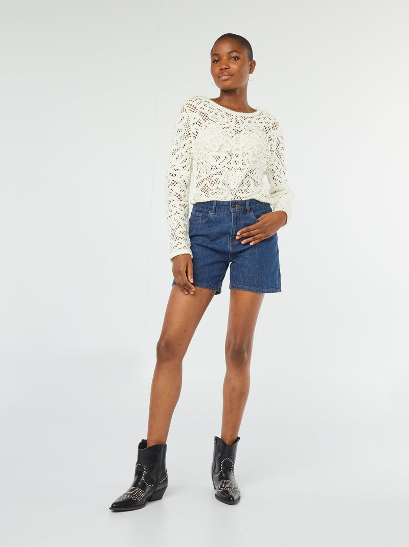 Pull en crochet à manches longues Ecru - Kiabi