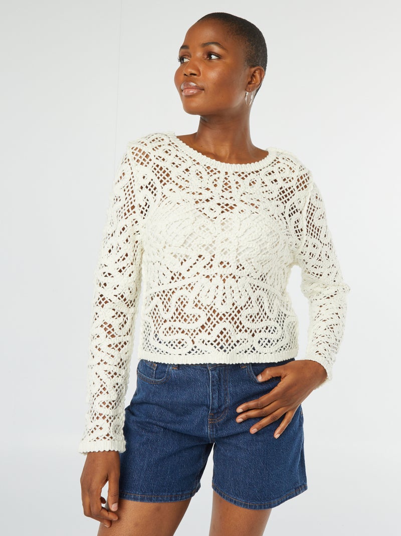 Pull en crochet à manches longues Ecru - Kiabi
