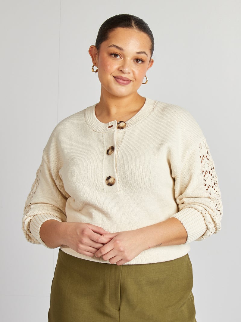 Pull en crochet avec col boutonné Beige - Kiabi