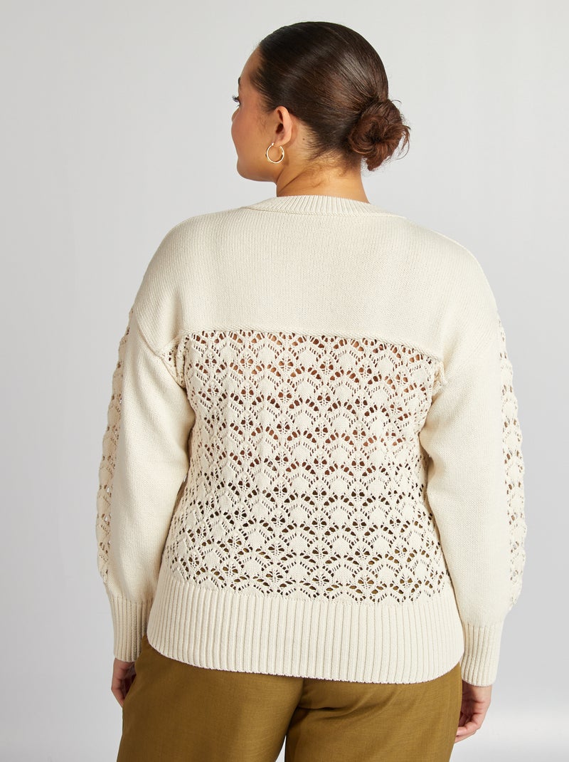 Pull en crochet avec col boutonné Beige - Kiabi