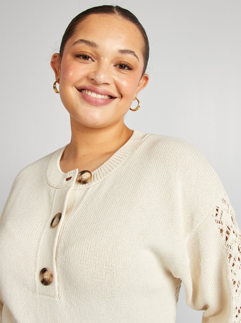 Pull en crochet avec col boutonné Beige - Kiabi