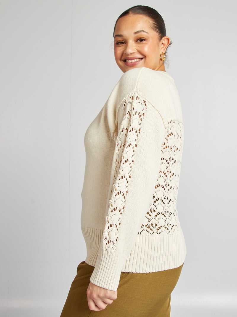 Pull en crochet avec col boutonné Beige - Kiabi