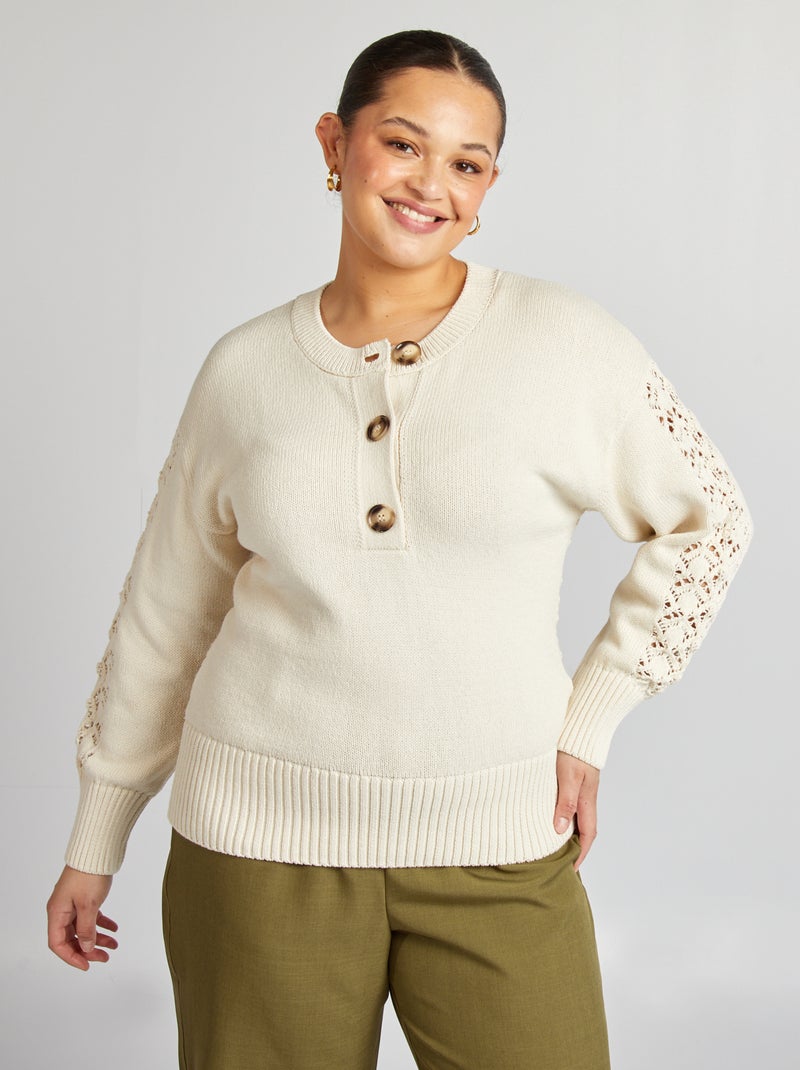 Pull en crochet avec col boutonné Beige - Kiabi