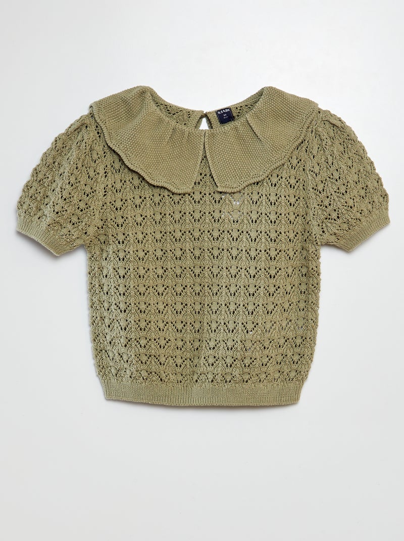 Pull en crochet avec col claudine VERT - Kiabi