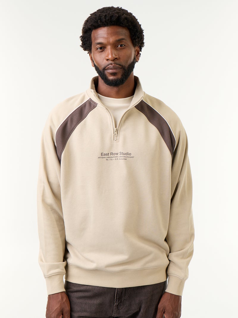 Pull en French Terry col camionneur Beige - Kiabi