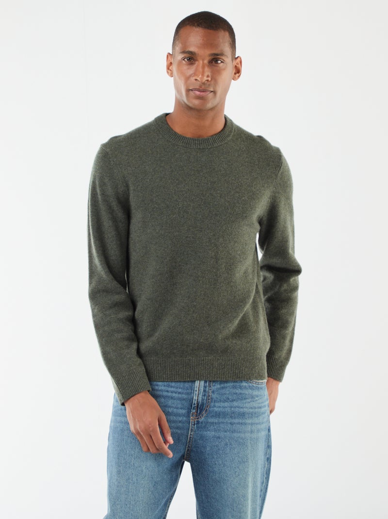 Pull en laine à col rond Kaki - Kiabi