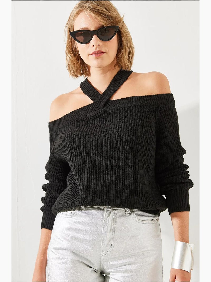 Pull en maille à bretelles croisées lucci Noir - Kiabi