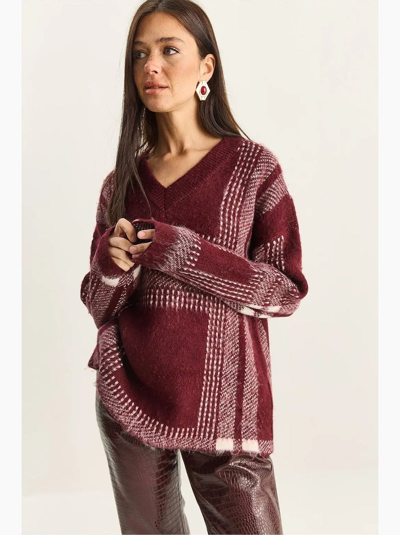 Pull en maille à carreaux , col v et manches longues lucci Rouge bordeaux - Kiabi