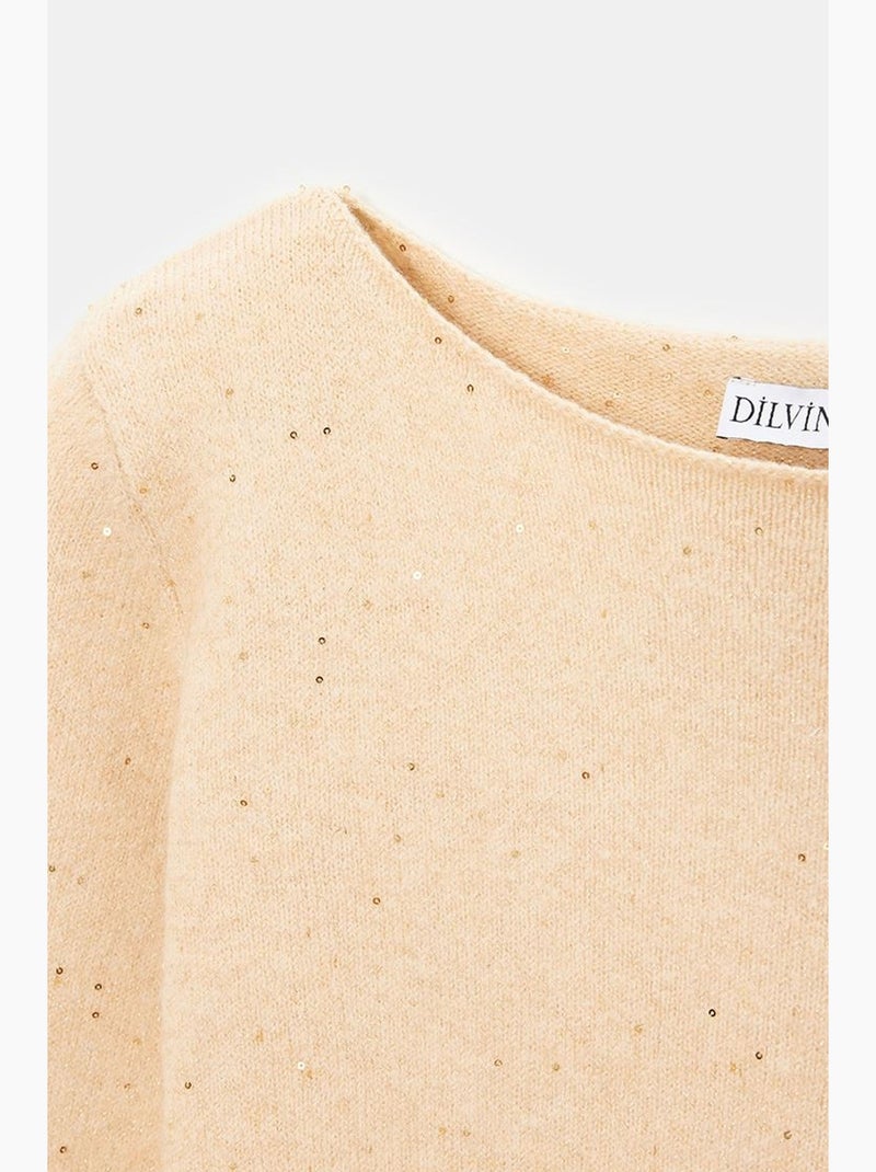Pull en maille à col bateau et sequins dilvin Beige naturel - Kiabi