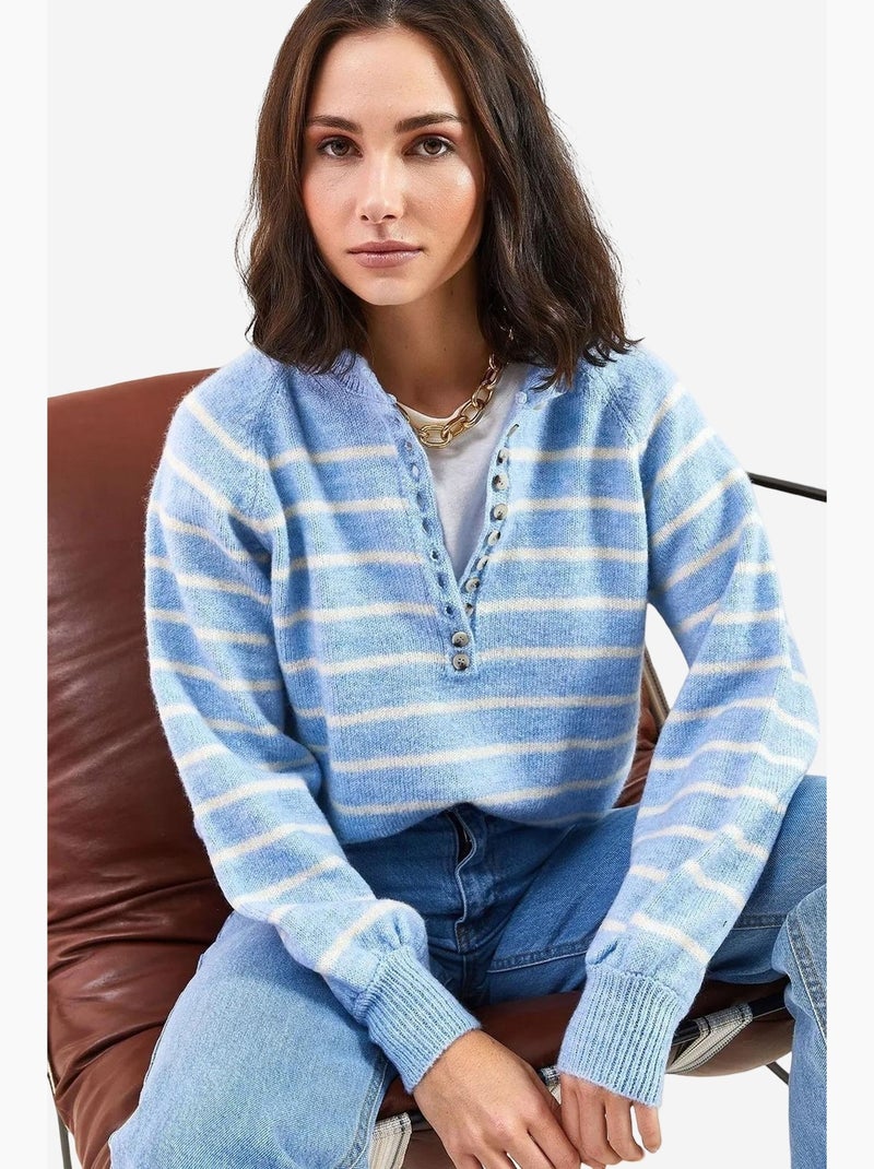 Pull en maille à col boutonné lucci Bleu ciel - Kiabi