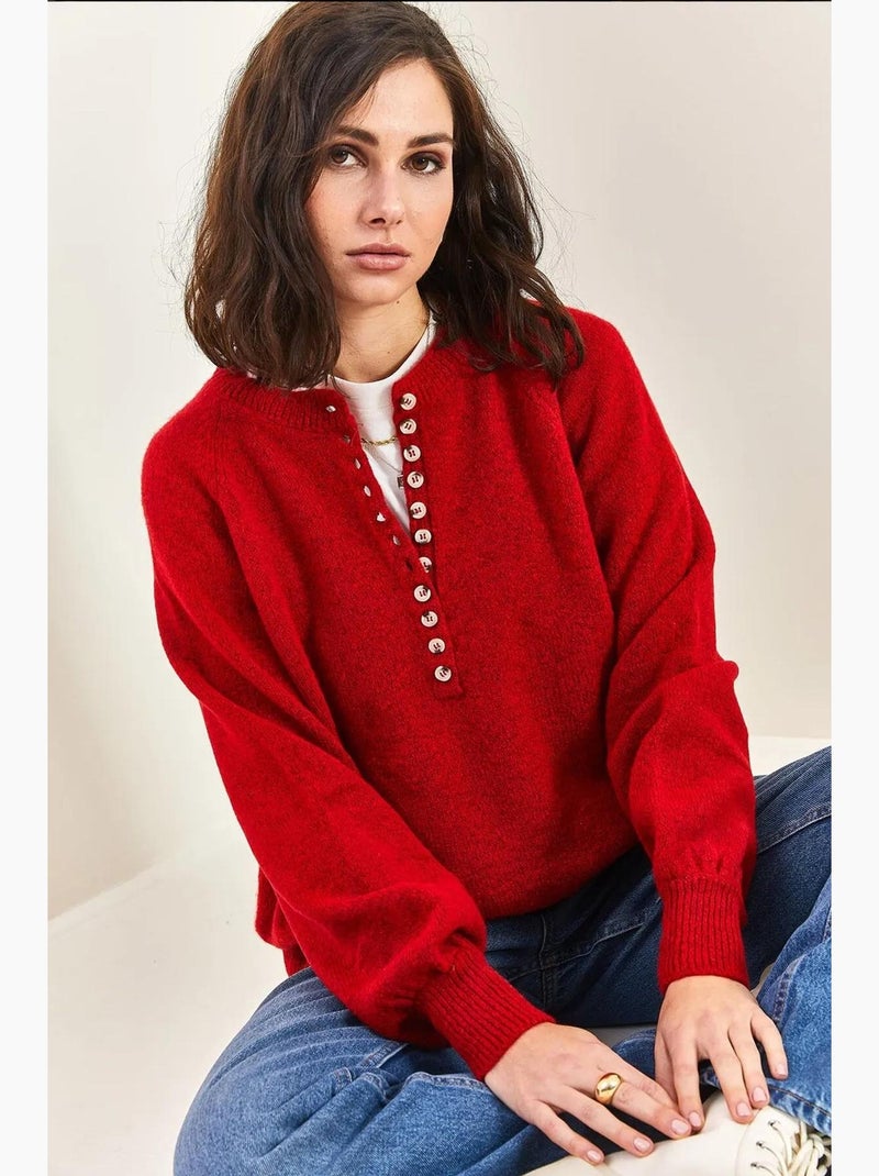 Pull en maille à col boutonné lucci Rouge - Kiabi