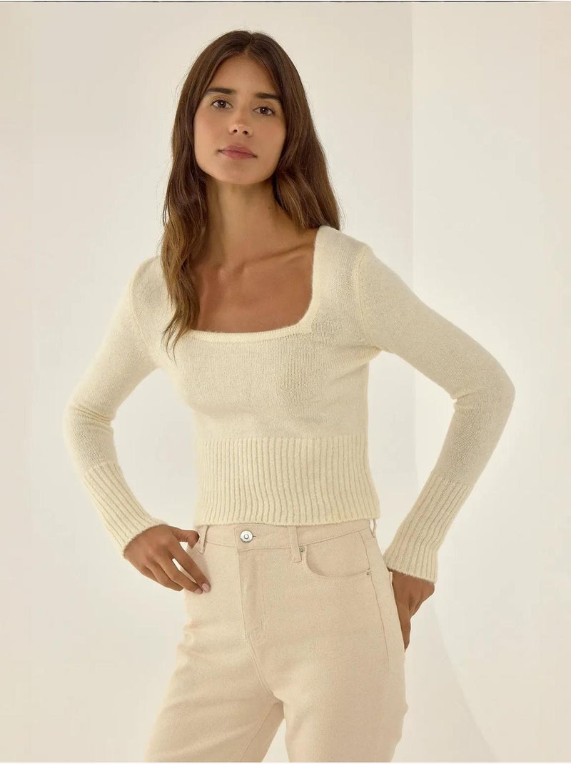 Pull en maille à col carré et détails côtelés Beige naturel - Kiabi