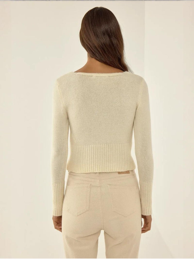 Pull en maille à col carré et détails côtelés Beige naturel - Kiabi