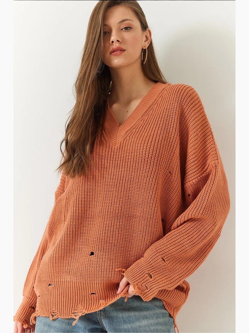 Pull en maille à col en v et motif vieilli lucci Terracotta - Kiabi