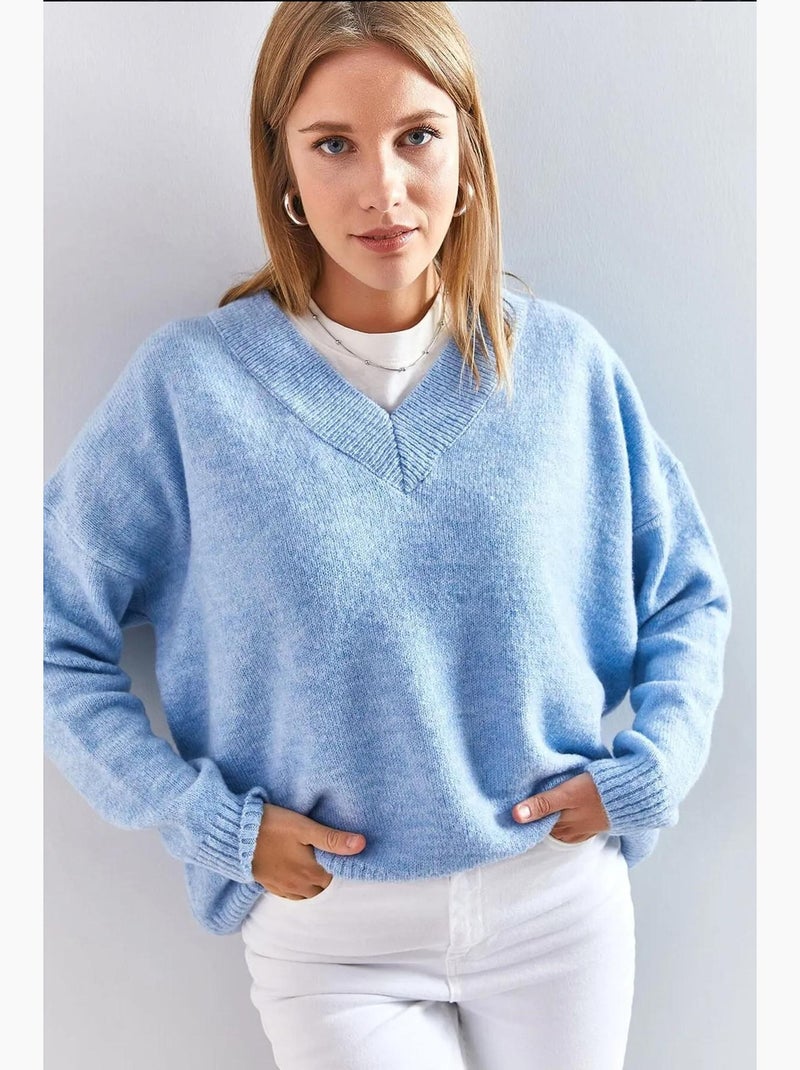 Pull en maille à col en v lucci Bleu ciel - Kiabi