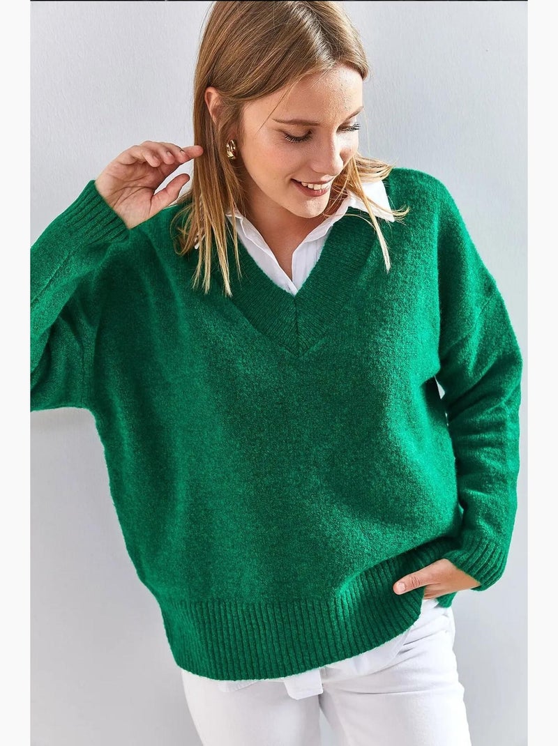 Pull en maille à col en v lucci Vert - Kiabi