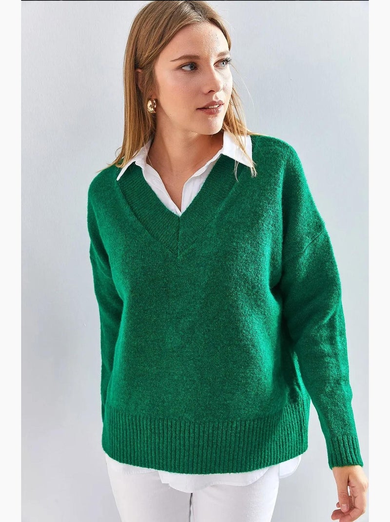 Pull en maille à col en v lucci Vert - Kiabi