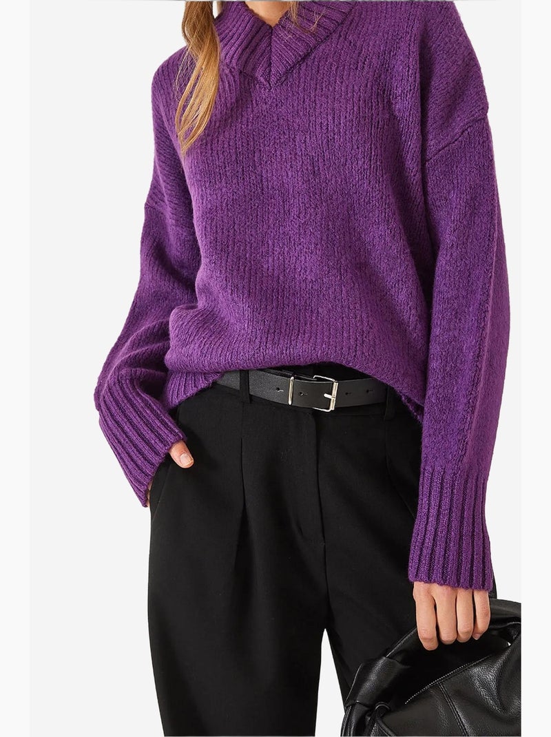 Pull en maille à col en v lucci Violet aubergine - Kiabi