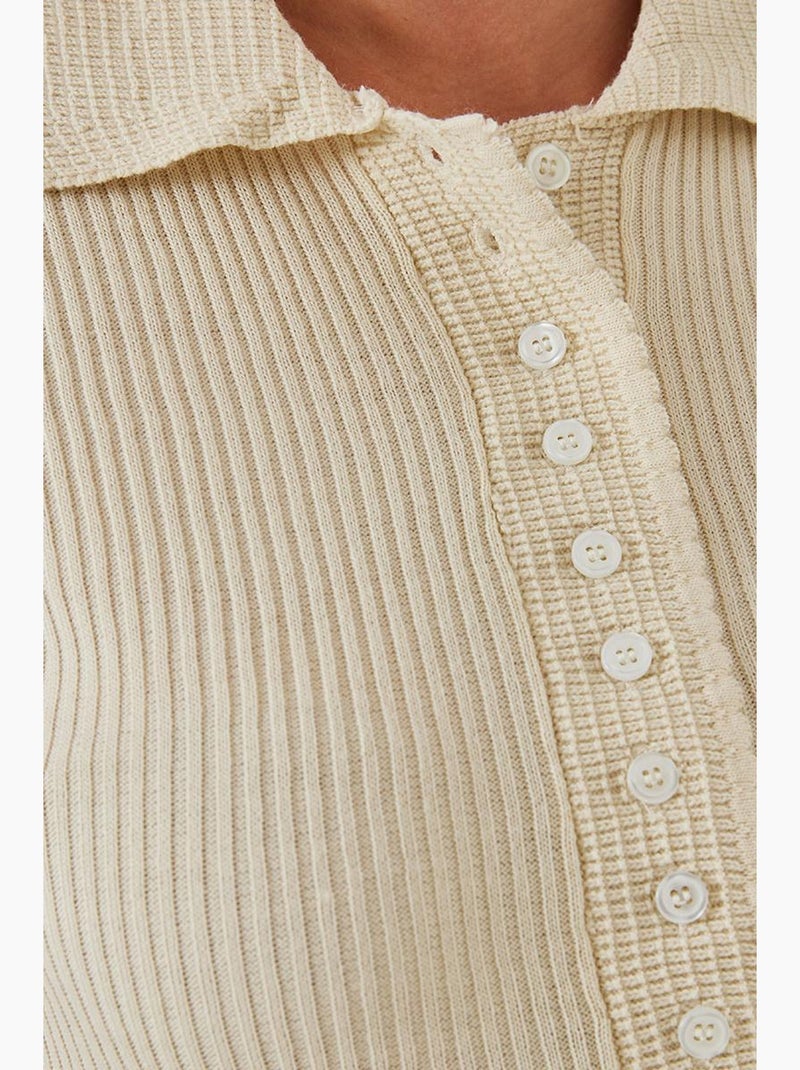 Pull en maille à col large et patte de boutonnage lucci Beige argile - Kiabi