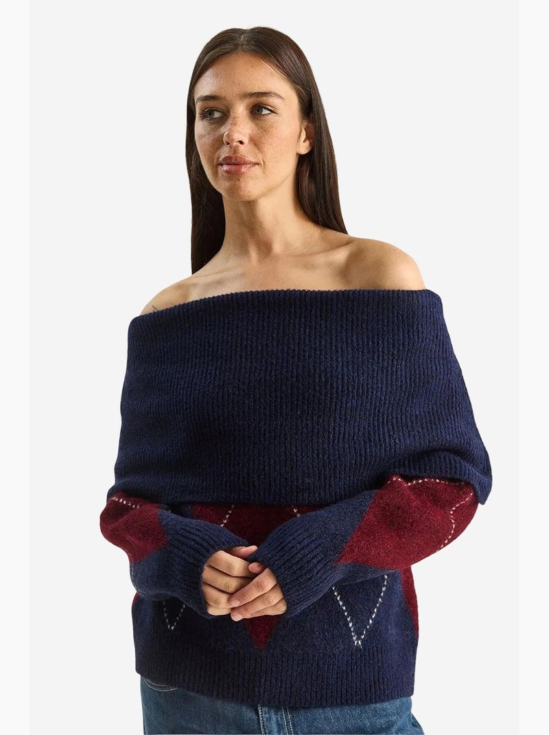 Pull en maille à col madonna et motif baklava lucci Bleu marine - Kiabi