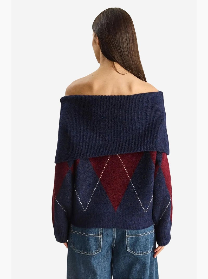 Pull en maille à col madonna et motif baklava lucci Bleu marine - Kiabi