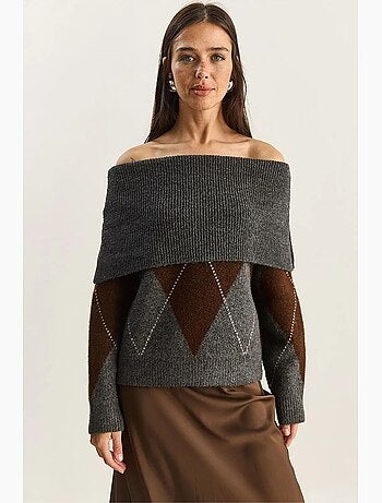 Pull en maille à col madonna et motif baklava lucci
