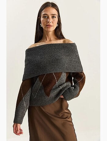 Pull en maille à col madonna et motif baklava lucci