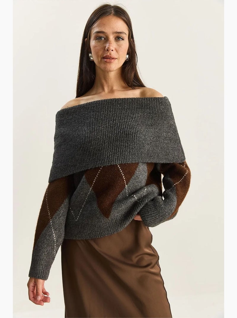 Pull en maille à col madonna et motif baklava lucci Gris foncé - Kiabi