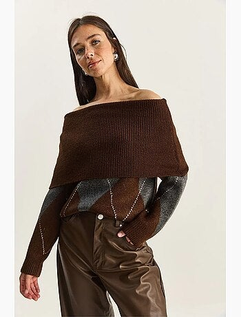 Pull en maille à col madonna et motif baklava lucci