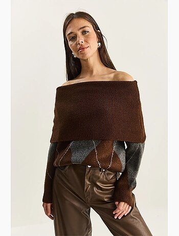 Pull en maille à col madonna et motif baklava lucci