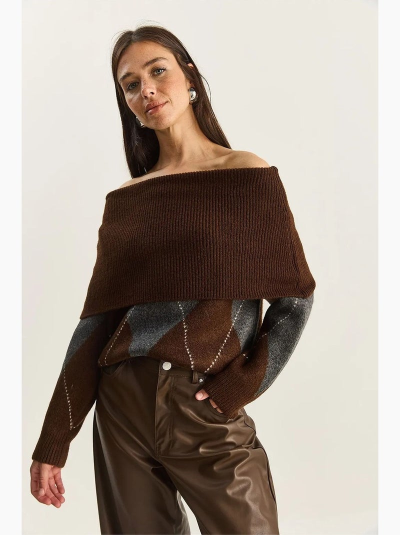 Pull en maille à col madonna et motif baklava lucci Marron noisette - Kiabi