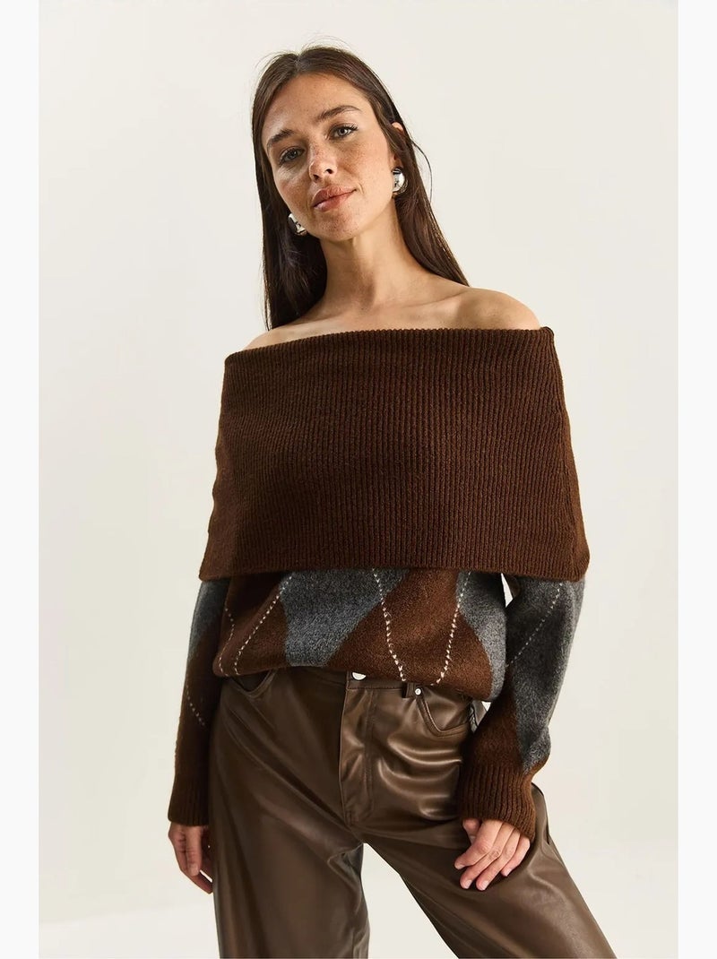Pull en maille à col madonna et motif baklava lucci Marron noisette - Kiabi