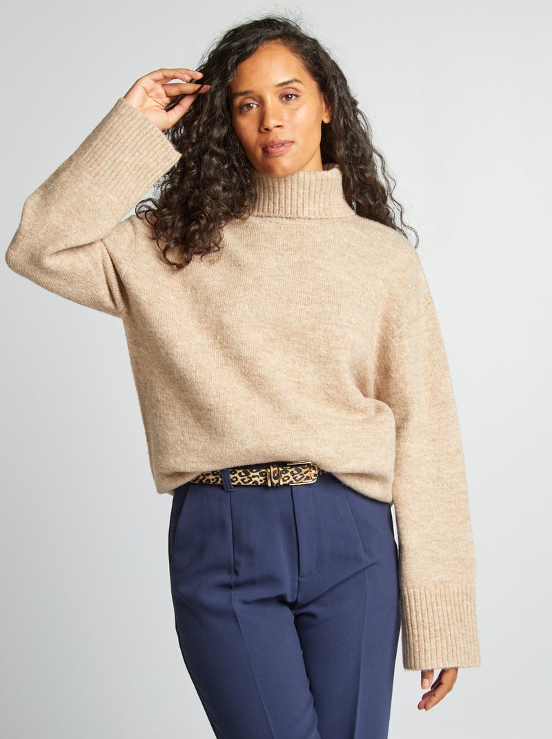 Pull en maille à col montant Beige - Kiabi