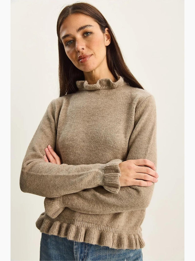 Pull en maille à col montant court et boutons lucci Beige argile - Kiabi