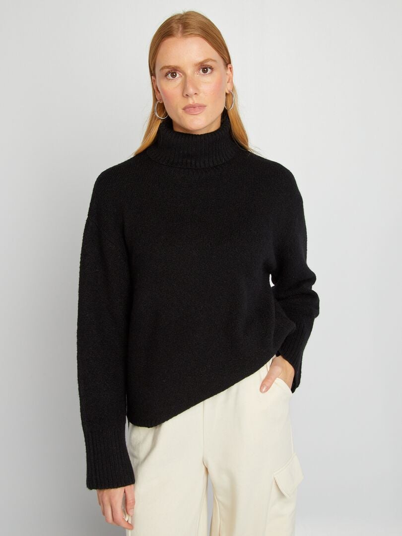 Pull en maille à col montant noir - Kiabi