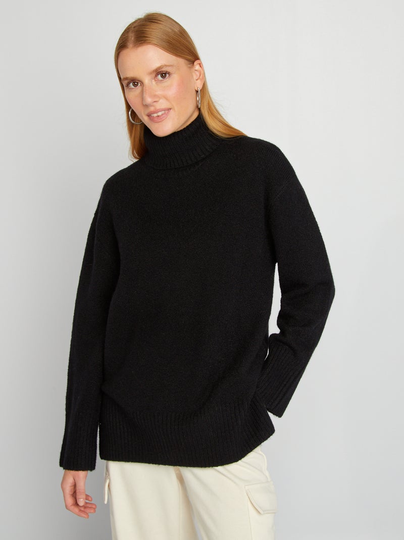 Pull en maille à col montant noir - Kiabi