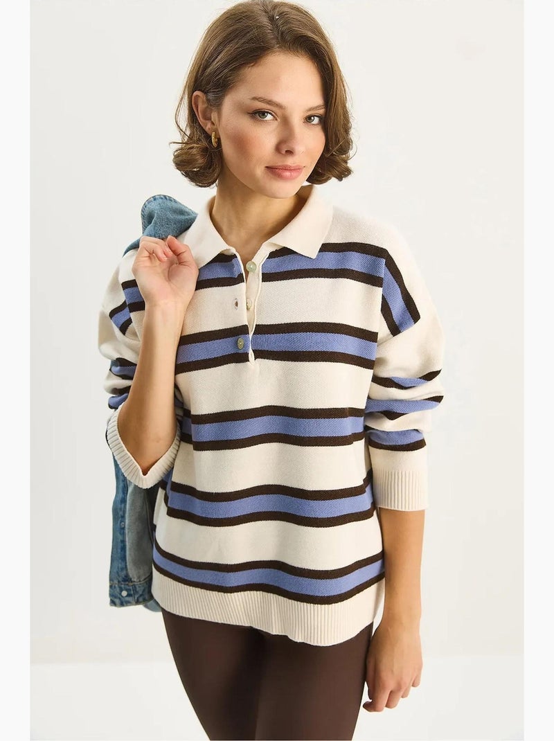 Pull en maille à col polo et manches longues lucci Crème - Kiabi