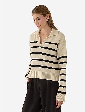 Pull en maille à col polo rayé