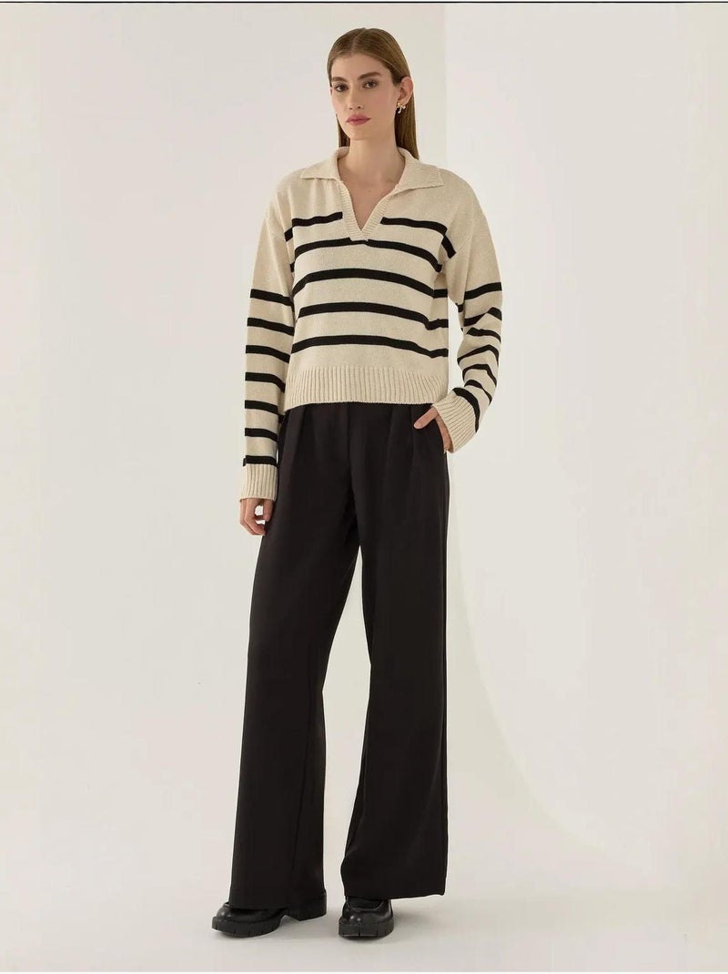 Pull en maille à col polo rayé Beige naturel - Kiabi