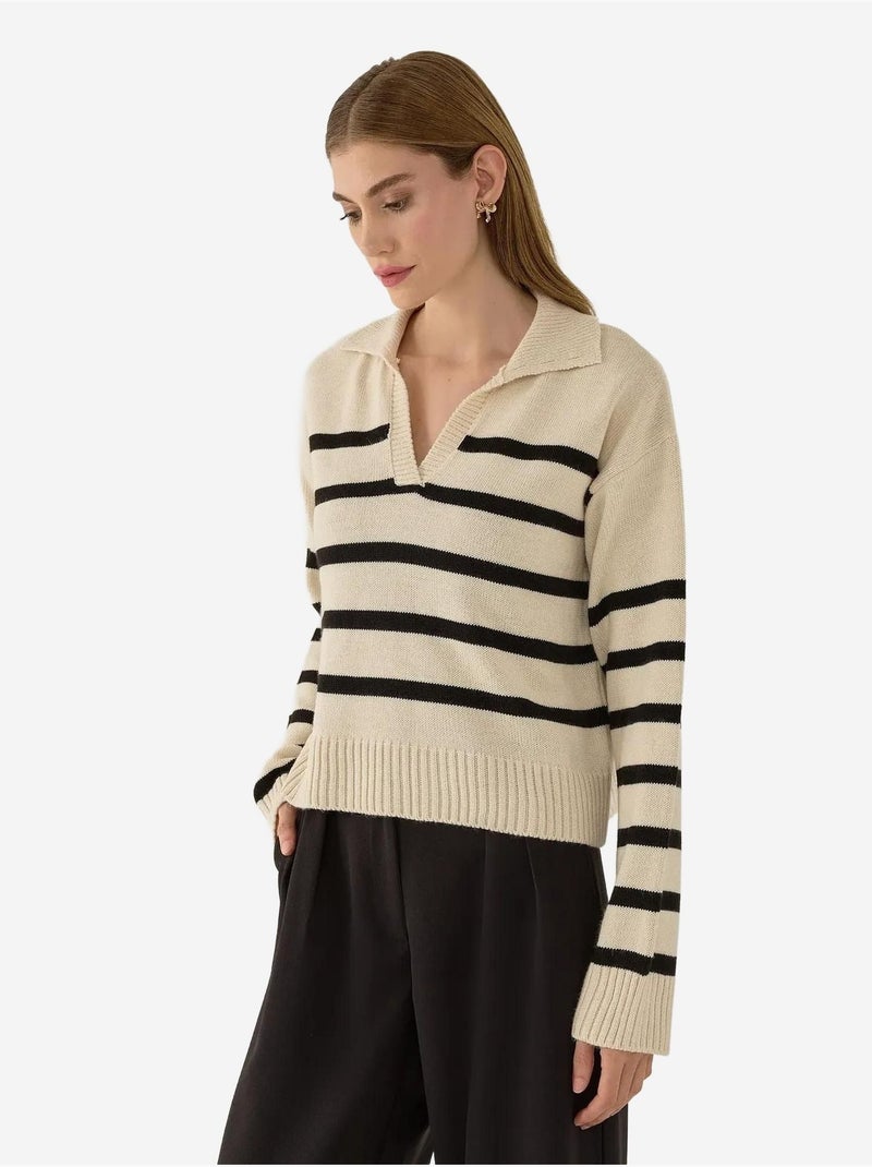 Pull en maille à col polo rayé Beige naturel - Kiabi