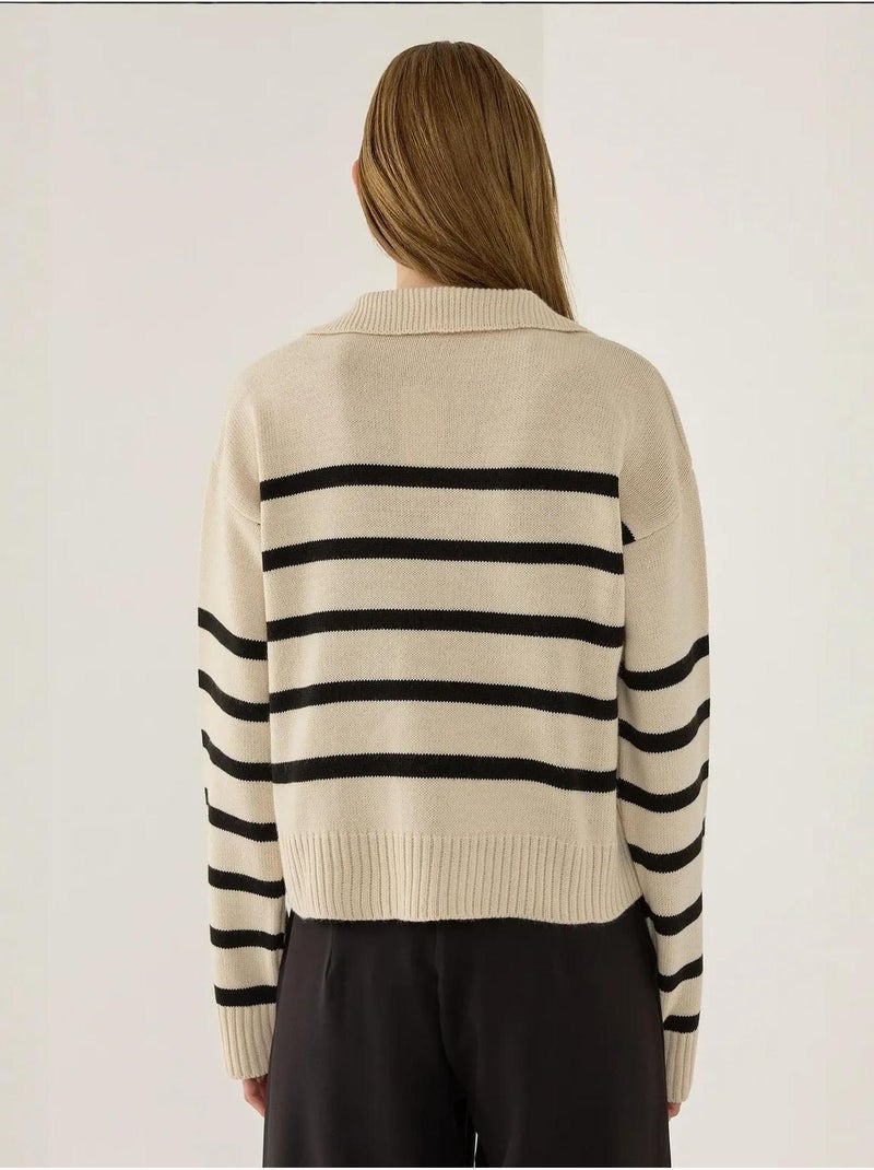 Pull en maille à col polo rayé Beige naturel - Kiabi