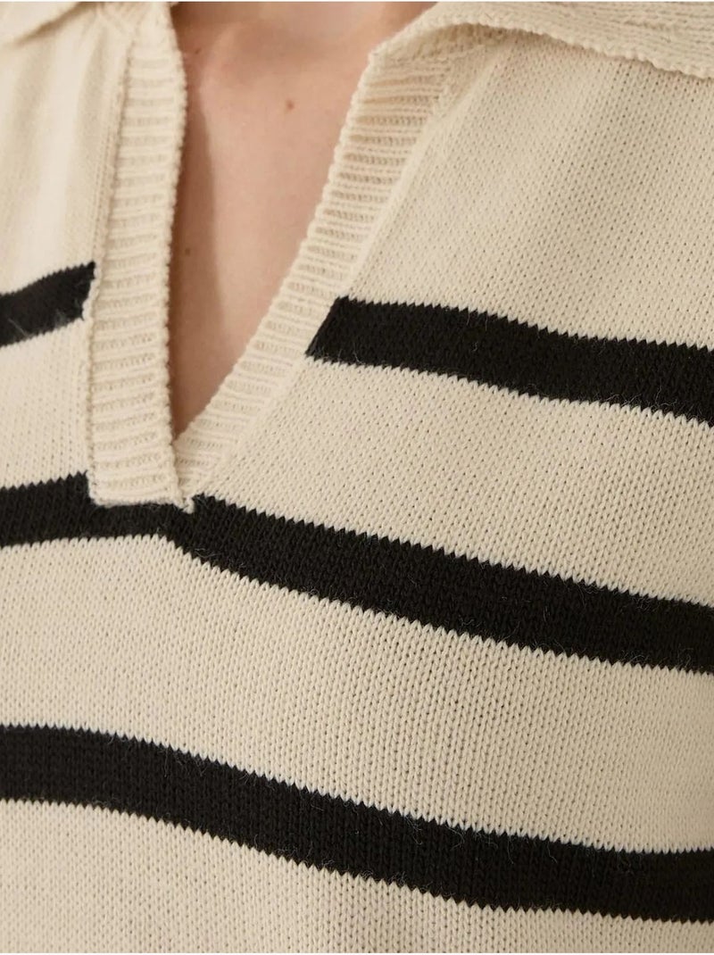 Pull en maille à col polo rayé Beige naturel - Kiabi