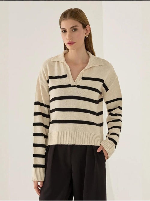 Pull en maille à col polo rayé hiccup - Kiabi Pull en maille à col polo rayé hiccup - Kiabi