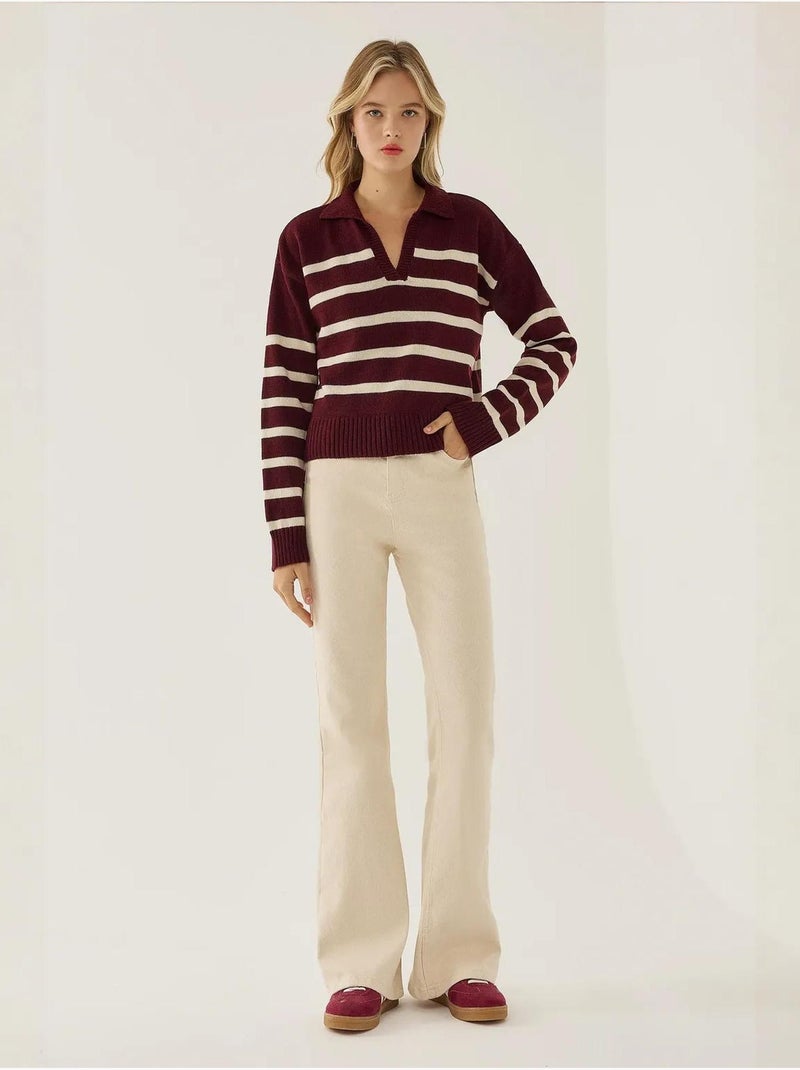 Pull en maille à col polo rayé Rouge - Kiabi