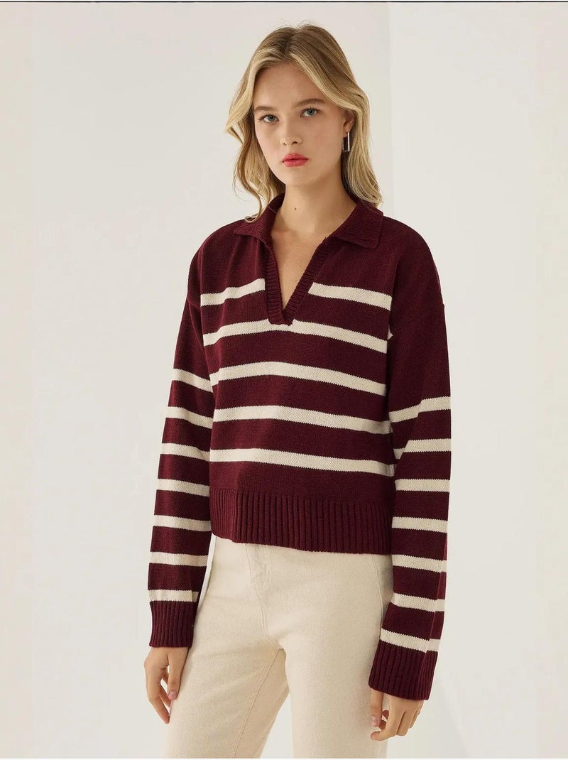 Pull en maille à col polo rayé Rouge - Kiabi