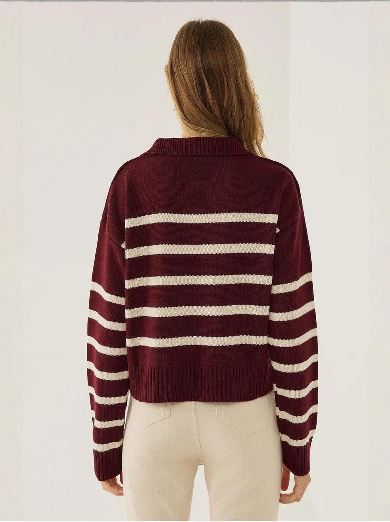 Pull en maille à col polo rayé Rouge - Kiabi