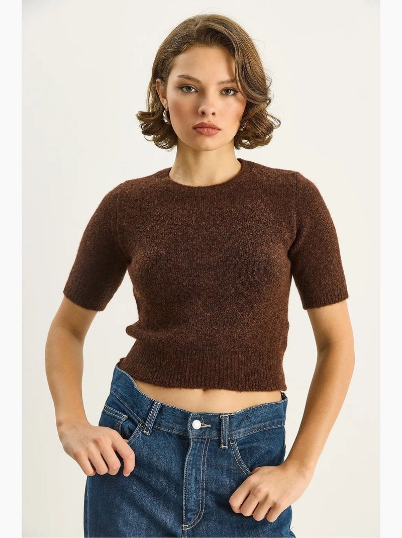 Pull en maille à col rond et manches courtes lucci Marron foncé - Kiabi